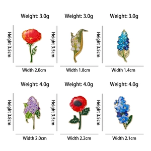 6-piece flower enamel brooch set with dimensions and weights for lily and poppy pins