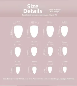 Size chart showing 12 dimensions for short almond press-on nails with measurement details