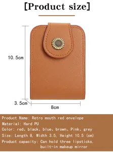 Mini PU leather makeup pouch detail with 10.5x8cm dimensions and built-in mirror