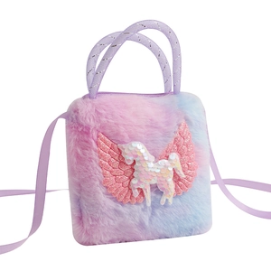 Detail of sequin unicorn and glitter wings on pink-blue gradient plush crossbody bag