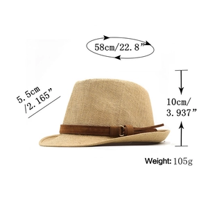 Classic beige straw fedora hat with brown suede band and specific dimensions display