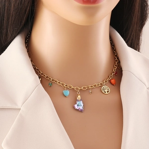 Heart Pendant Necklace Gold Stainless Steel Celestial Sun Moon Star Planet Crystal Bohemian Jewelry For Women Daily Wear