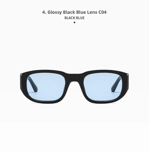 Detail of square black frame sunglasses with blue tinted lenses in glossy finish