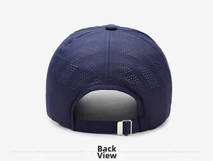 Back view of navy blue baseball cap with laser-cut ventilation holes and metal buckle