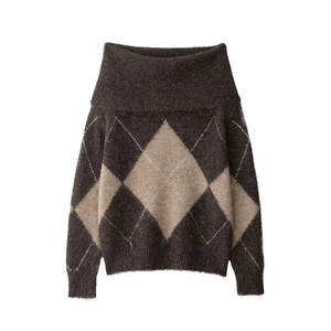 Pull En Tricot Argyle Femmes Manches Longues Rétro Moelleux Pull Top Polyester Doux Coupe Ample Cavalier D'Hiver