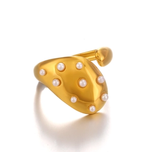 Lava style gold stainless steel open ring featuring elegant white pearl embellishments