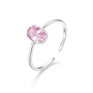 Macro shot of S925 sterling silver ring showing the S925 hallmark and pink oval zircon