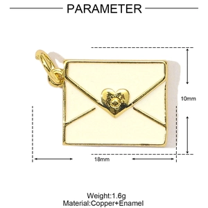 Detailed view of enamel heart envelope pendant with 18x10mm size and 1.6g weight info