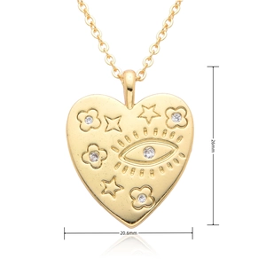 Detailed dimensions of gold heart pendant with cubic zirconia and engraved star patterns