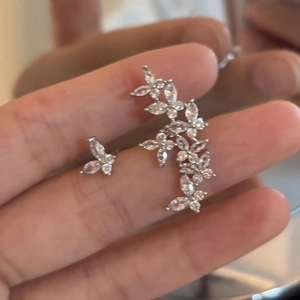 Silver butterfly zircon ear cuff and stud earring set with asymmetrical floral design