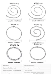 Size chart and technical specifications for stainless steel necklace and bracelet set