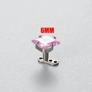 Micro shot of 6mm geometric pink zircon dermal anchor top in polished stainless steel