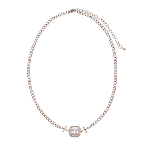 Silver cuban chain necklace featuring a rectangular zircon stone and T-shaped accents