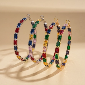 Chic hoop earrings featuring multi-color rectangular zircon stones in gold and silver plating
