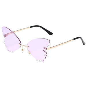 Fashionable butterfly rimless sunglasses with purple lenses and gold metal temples