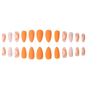 Matte orange almond press-on nails with delicate leaf patterns and silver line accents