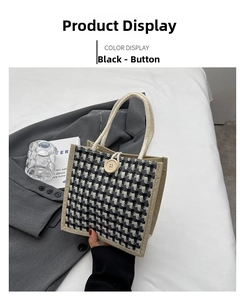 Detail view of small black and white plaid jute bag with large decorative wooden button