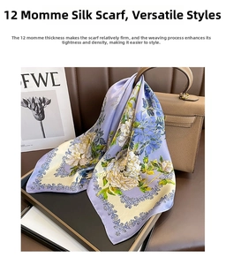 Detail of 12mm mulberry silk scarf with peony floral print and lilac satin texture