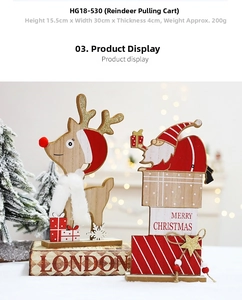 Close-up of wooden Christmas reindeer and Santa figurines with glitter and pompom details