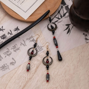 Vintage Chinese Style Wood Hair Stick And Alloy Tassel Earrings Crescent Moon Water Drop Hanfu Cheongsam Accessories