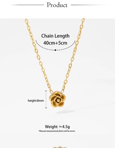 Detailed specs for gold rose pendant necklace with a 40cm plus 5cm adjustable chain