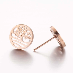Rose gold Tree of Life geometric round stud earrings in polished stainless steel for women