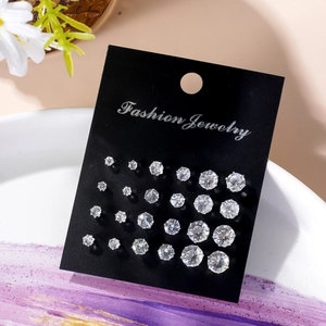 Set of 12 pairs assorted size heart and round cubic zirconia studs on black card