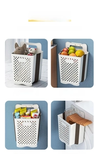 Wall-mounted folding basket storing laundry, toys, snacks and fruit in four scenes
