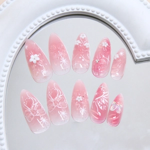 Cat-eye aurora butterfly press-on nails with 3D white flowers on mirror base