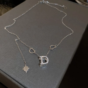 Macro shot of silver necklace with D-letter pendant and sparkling pave zircons