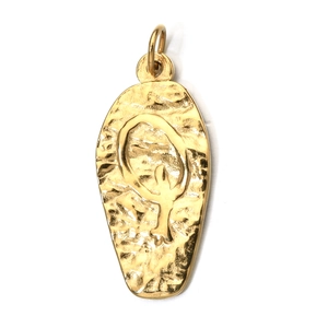 Macro view of gold hammered teardrop pendant with embossed letter Q charm
