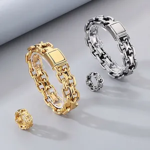 Stainless Steel Men Bracelet And Ring Jewelry Hip Hop Punk Linked Chain Hollow X Design Industrial Style