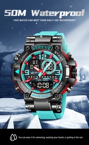 Waterproof STRYVE sports watch with luminous display placed on ice with polar background