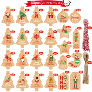 Detailed grid layout of 100 Christmas kraft gift tags with 25 festive patterns and twine