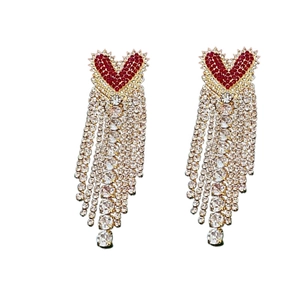 Elegant gold heart earrings with red rhinestones and long sparkling tassel dangles