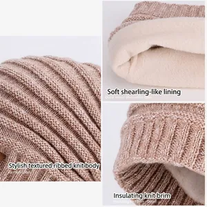 Winter thermal knit beanie and scarf set with thick plush lining for women beige brown