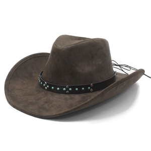 Chapeau De Cow-Boy De L'Ouest PU Suède Large Bord Ethnique Perle Turquoise Bande Cuir Protection Solaire Rétro Hommes