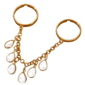 Adjustable gold double ring with delicate link chain and teardrop zircon tassels