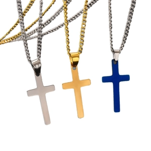 Minimalist titanium steel cross necklaces in silver, gold, and blue finish for men