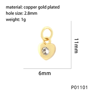 18K gold plated copper heart pendant with zircon inlay showing dimensions 11mm by 6mm