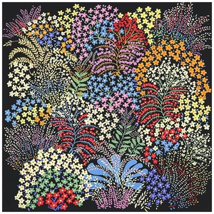 130cm floral square scarf with vibrant botanical print on a sleek black background