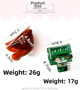 Detailed comparison of amber and green Christmas hair clips with size and weight specs