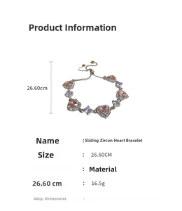 Detail of adjustable zircon heart bracelet with dimensions 26.60cm and 16.5g weight