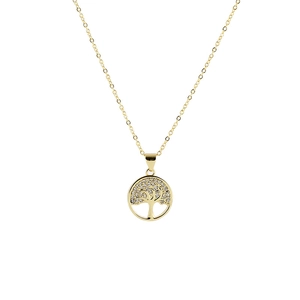 Close-up of a 18K gold-plated Tree of Life pendant with micro-set colorful zircons