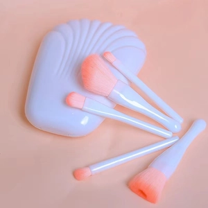 Flat lay of five makeup brushes with pink gradient bristles in a shell case