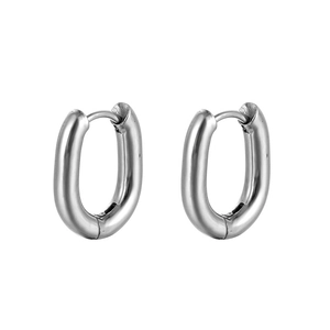 Polished silver stainless steel oval hoop earrings shown on a white background