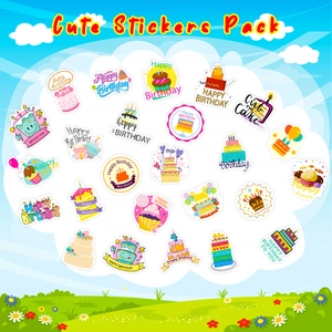 Set of 50 cute cartoon birthday cake and balloon stickers for DIY party decorations