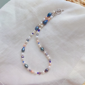 Multicolor natural freshwater pearl necklace with OT toggle clasp on beige fabric base