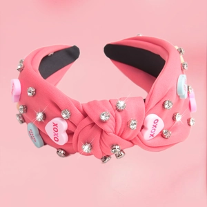 Pink knot headband with sparkling rhinestones and colorful conversation heart charms