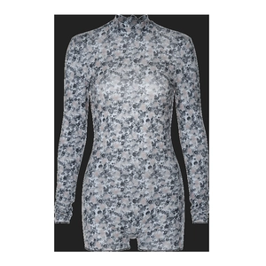 Detailed view of women long sleeve floral bodysuit with high neck and slim fit print